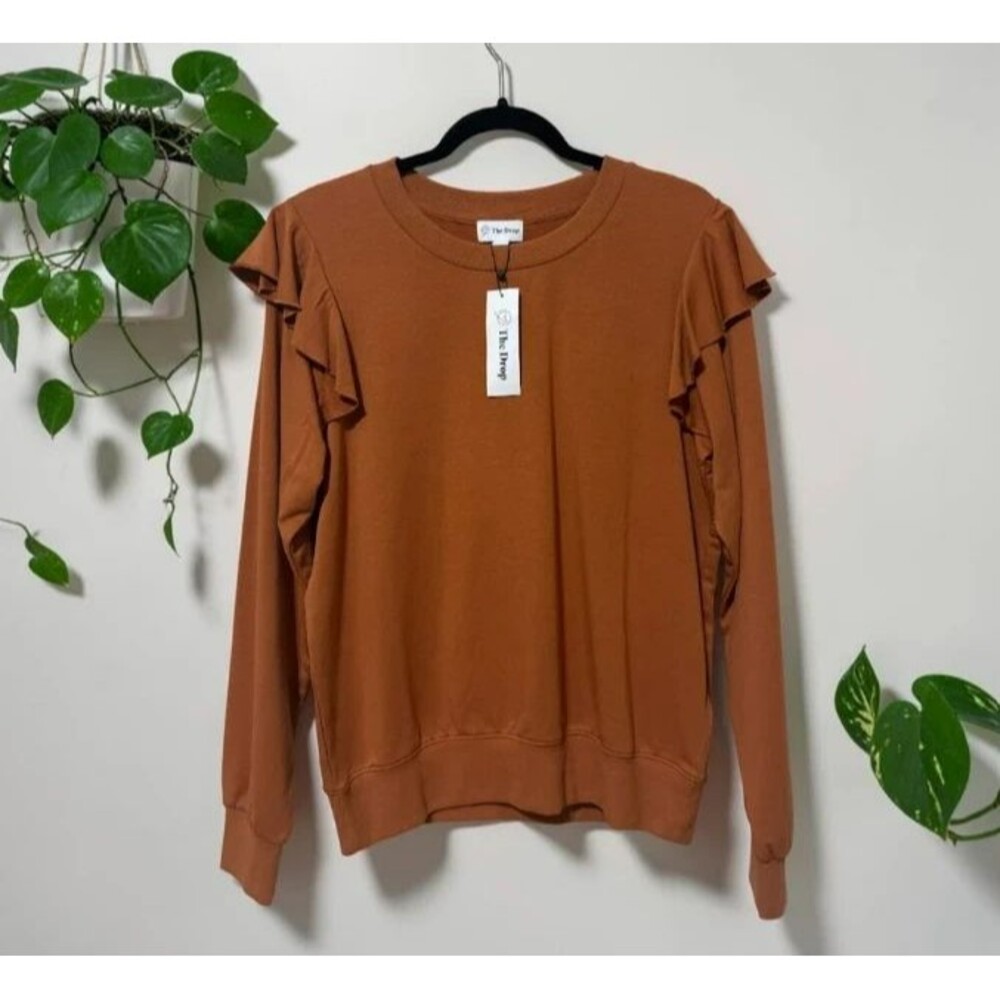 The Drop Women’s Rust Brown Ruffle Shoulder Sweatshirt Size Small